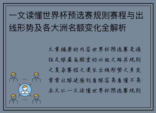 一文读懂世界杯预选赛规则赛程与出线形势及各大洲名额变化全解析