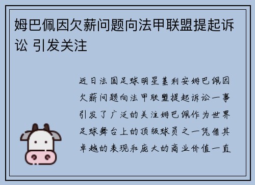 姆巴佩因欠薪问题向法甲联盟提起诉讼 引发关注
